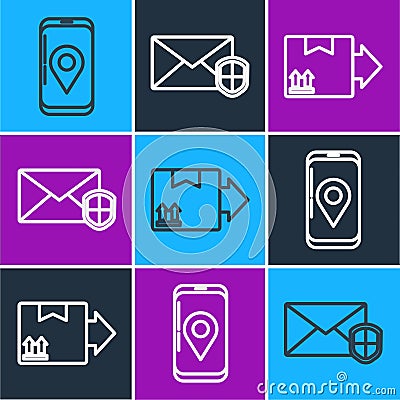 Set line Mobile with app delivery tracking, Cardboard box with traffic symbol and Envelope with shield icon. Vector Vector Illustration