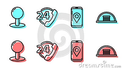Set line Mobile with app delivery tracking, Push pin, Telephone 24 hours support and Hangar icon. Vector Vector Illustration