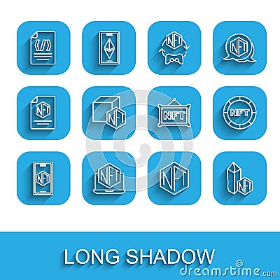 Set line Mobile with art store app, Laptop, Binary code, NFT Digital crypto, and icon. Vector Stock Photo
