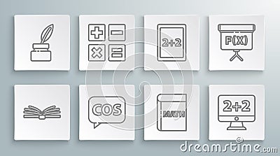 Set line Mobile calculator interface, Feather and inkwell, Tablet with, Triangle math, Graph, schedule, chart, diagram Stock Photo