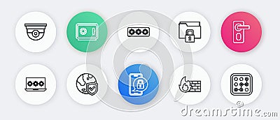 Set line Mobile with closed padlock, Fingerprint door, Laptop password, Firewall, security wall, Folder and, Password Vector Illustration