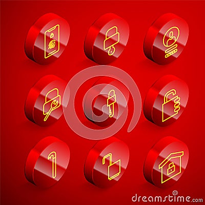 Set line Mobile with fingerprint scan, Lock and key, Create account screen, repair, Locked, Safe combination lock Vector Illustration