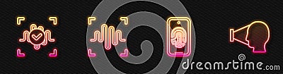 Set line Mobile with fingerprint scan, Voice recognition, and Face. Glowing neon icon. Vector Vector Illustration
