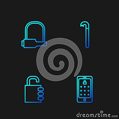 Set line Mobile and graphic password, Safe combination lock, Bicycle and Crowbar. Gradient color icons. Vector Vector Illustration