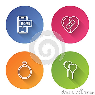 Set line Mobile with heart, Healed broken, Diamond engagement ring and Balloons form of. Color circle button. Vector Vector Illustration