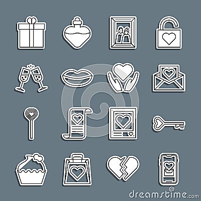 Set line Mobile with heart, Key in shape, Envelope Valentine, Picture frame, Smiling lips, Glass of champagne, Gift box Vector Illustration