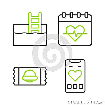 Set line Mobile with heart rate, Sports nutrition, Heart and Swimming pool ladder icon. Vector Stock Photo