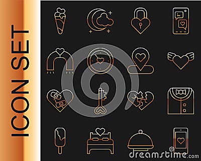 Set line Mobile with heart, Suit, Heart wings, Castle the shape of, Clock, Love magnet, Ice cream waffle cone and Vector Illustration