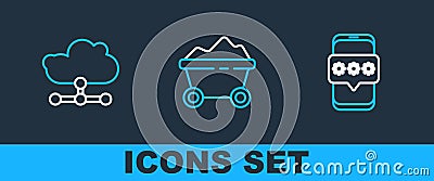 Set line Mobile and password, Network cloud connection and Coal mine trolley icon. Vector Vector Illustration