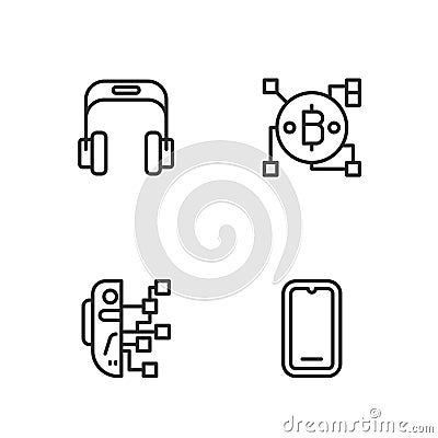 Set line Mobile phone, Humanoid robot, Headphones and Blockchain technology Bitcoin icon. Vector Vector Illustration