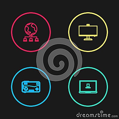 Set line Mobile and playing in game, Laptop, Computer monitor and network icon. Vector Vector Illustration