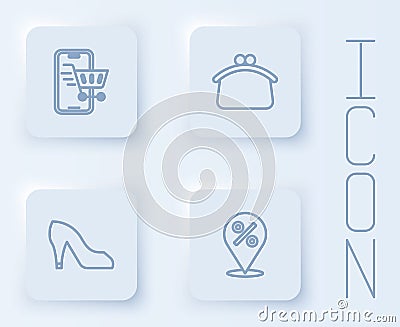 Set line Mobile with shopping cart, Wallet, Woman shoe and Location percent. White square button. Vector Vector Illustration