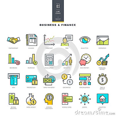 Set of line modern color icons for business and finance Vector Illustration