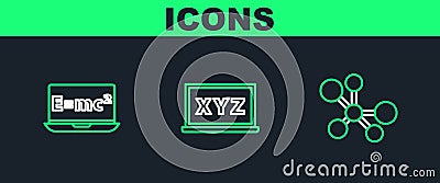 Set line Molecule, Equation solution and XYZ Coordinate system icon. Vector Vector Illustration
