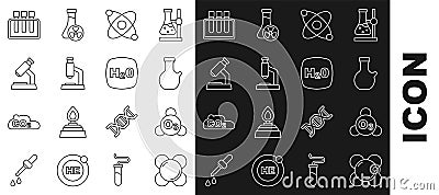 Set line Molecule, Ozone, Test tube, Atom, Microscope, and Chemical formula H2O icon. Vector Vector Illustration