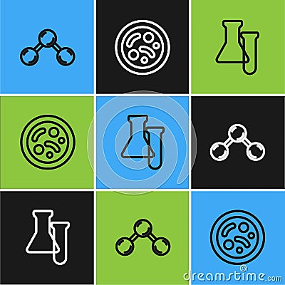 Set line Molecule, Test tube and flask and Bacteria icon. Vector Vector Illustration