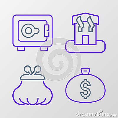 Set line Money bag, Wallet, Arson home and Safe icon. Vector Vector Illustration