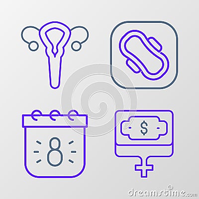 Set line Money growth woman, Calendar with 8 March, Sanitary napkin and Female reproductive system icon. Vector Vector Illustration