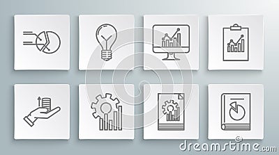Set line Money on hand, Light bulb with concept of idea, Pie chart infographic, Document, User manual, Computer monitor Stock Photo