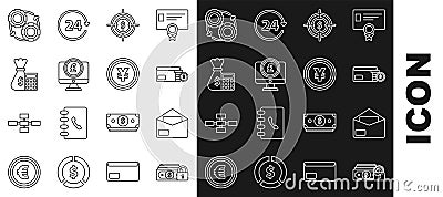 Set line Money with lock, Envelope, coin dollar symbol, Target, Computer monitor pound sterling, Calculator money bag Stock Photo