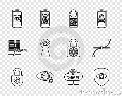 Set line Money lock, Shield and eye, Please do not disturb, Invisible or hide, Mobile scan, Keyhole with, VPN Network Stock Photo