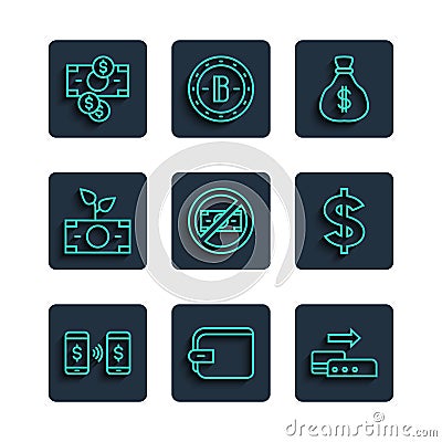 Set line Money payment transfer, Wallet, Pos terminal, bag, No money, plant the pot, Stacks paper cash and Dollar symbol Vector Illustration