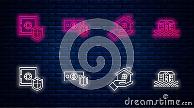 Set line Money with shield, House in hand, Safe and flood. Glowing neon icon on brick wall. Vector Vector Illustration