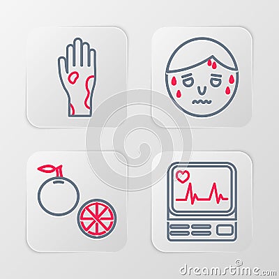 Set line Monitor with cardiogram, Orange fruit, Man excessive sweating and Hand psoriasis eczema icon. Vector Stock Photo