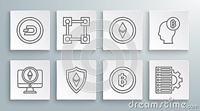 Set line Monitor and Cryptocurrency coin Ethereum ETH, Blockchain technology, Shield, Bitcoin, Server gear, think and Editorial Stock Photo