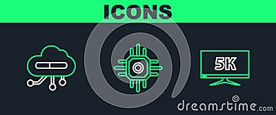 Set line Monitor display with 5k video, Internet of things and Processor icon. Vector Stock Photo
