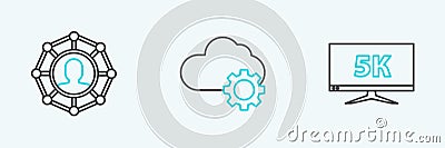 Set line Monitor display with 5k video, Project team base and Cloud technology data transfer and storage icon. Vector Vector Illustration