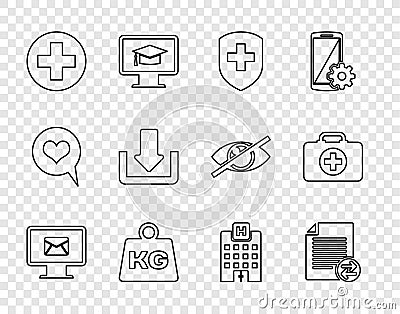 Set line Monitor and envelope, Transfer files, Medical shield with cross, Weight, in circle, Download, hospital building Vector Illustration