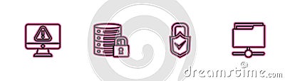 Set line Monitor with exclamation mark, Lock and check, Server security lock and FTP folder icon. Vector Vector Illustration