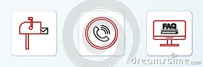Set line Monitor with FAQ information, Open mail box and Phone call icon. Vector Stock Photo