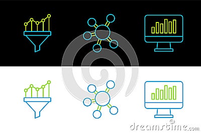 Set line Monitor with graph chart, Sales funnel and Project team base icon. Vector Vector Illustration