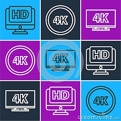 Set line Monitor with HD video, Screen tv with 4k and 4k Ultra HD icon. Vector Vector Illustration