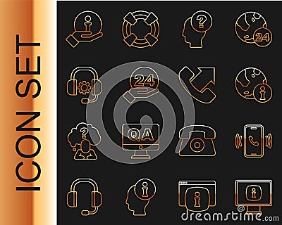 Set line Monitor with information, Telephone 24 hours support, Information, Head question mark, Headphones, and icon Vector Illustration
