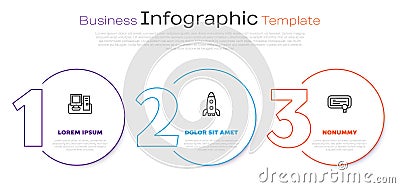 Set line Monitor with keyboard, Rocket ship and Certificate template. Business infographic template. Vector Vector Illustration