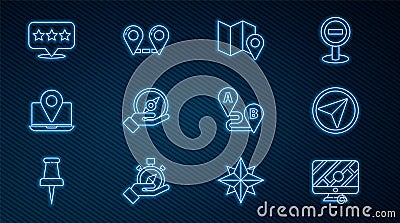 Set line Monitor with location marker, Infographic of city map navigation, Folded, Compass, Laptop, Map pointer star Stock Photo