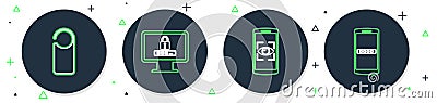 Set line Monitor with password, Mobile and eye scan, Please do not disturb and icon. Vector Stock Photo