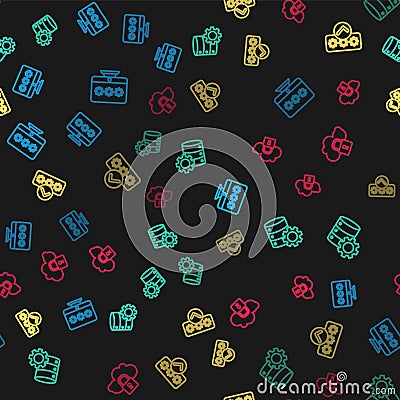 Set line Monitor with password, Server and gear, Password protection and Cloud computing lock on seamless pattern Stock Photo