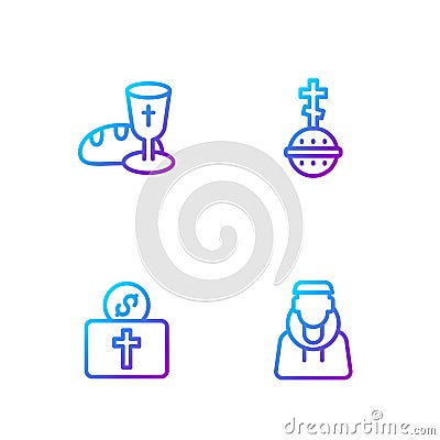 Set line Monk, Donation for church, Goblet and bread and Christian cross. Gradient color icons. Vector Vector Illustration