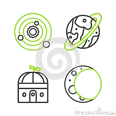 Set line Moon, Astronomical observatory, Space capsule and parachute and Solar system icon. Vector Stock Photo