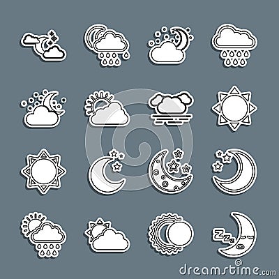 Set line Moon icon, and stars, Sun, Cloud with moon, cloud weather, and icon. Vector Stock Photo