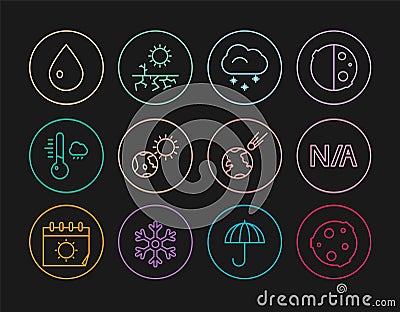 Set line Moon, Not applicable, Cloud with snow, Earth globe and sun, Meteorology thermometer, Water drop, Comet falling Stock Photo