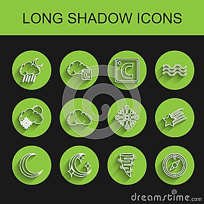 Set line Moon and stars, Cloud with rain moon, Tornado, Wind rose, Falling and Snowflake icon. Vector Stock Photo