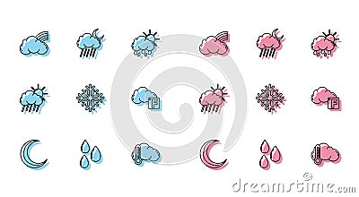Set line Moon and stars, Water drop, Rainbow with clouds, Thermometer, Snowflake, Fahrenheit, Cloud rain sun and moon Stock Photo