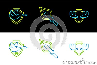 Set line Moose horns on shield, Flying duck and Hipster arrow tip icon. Vector Vector Illustration