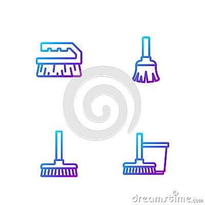 Set line Mop and bucket, Handle broom, Brush for cleaning and Feather. Gradient color icons. Vector Vector Illustration