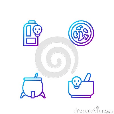Set line Mortar and pestle, Witch cauldron, Beaker with toxic liquid and Petri dish bacteria. Gradient color icons Vector Illustration